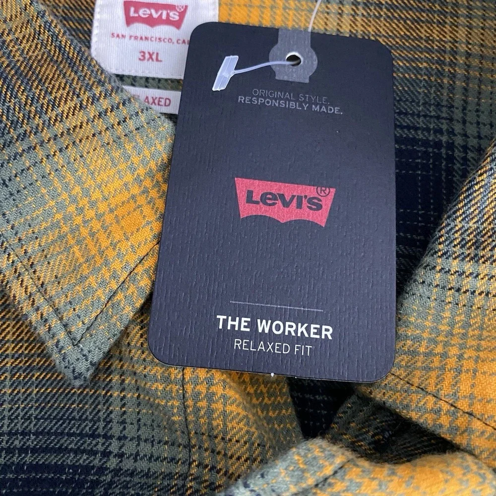 Levis Mens 3XL Flannel Button Up Shirt The Worker Relaxed Fit Plaid Orange Multi